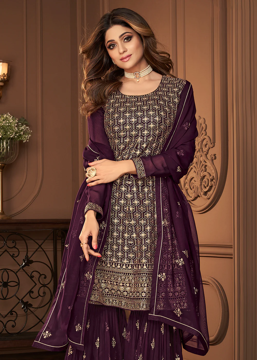 Peplum Designed Purple Embroidered Sharara Suit - Image 4