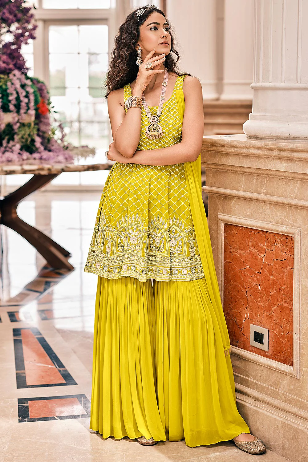 Peplum Style Haldi Yellow Viscose Palazzo Suit - Image 4