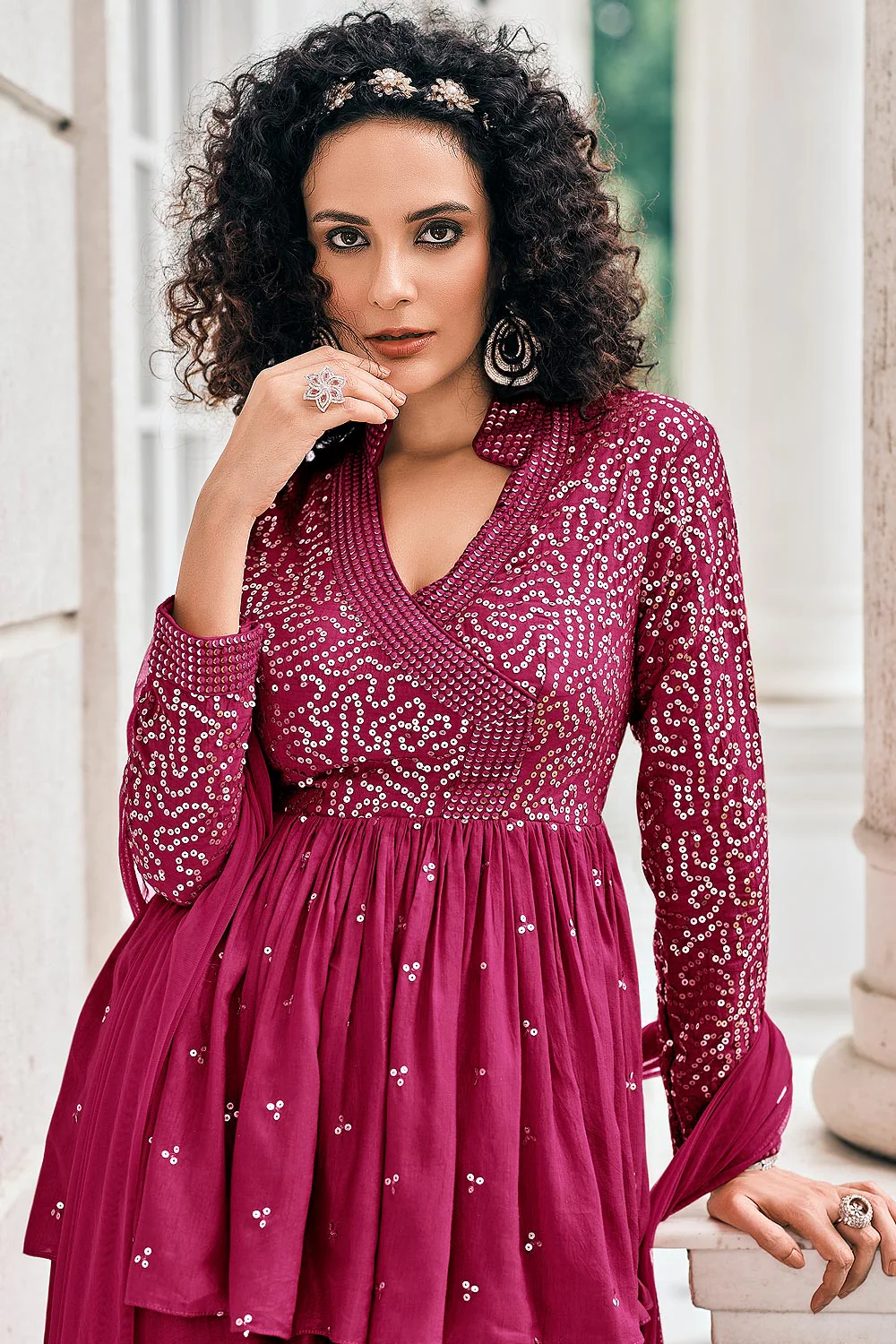 Peplum Style Hot Pink Viscose Palazzo Suit - Image 2