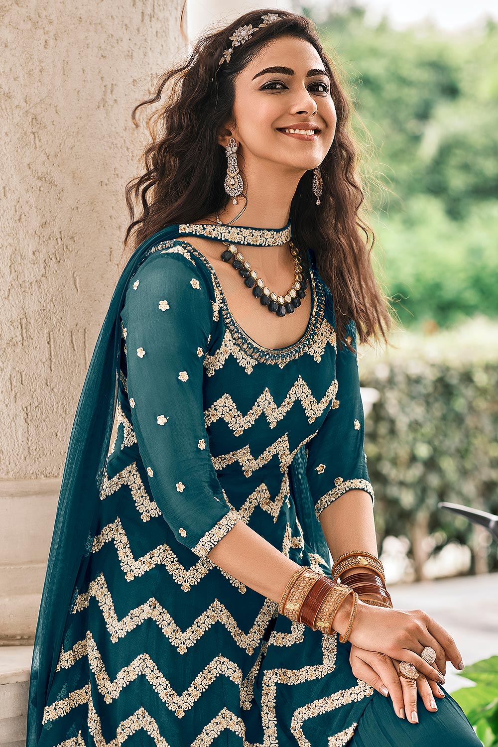 Peplum Style Morpeach Blue Viscose Palazzo Suit - Image 2