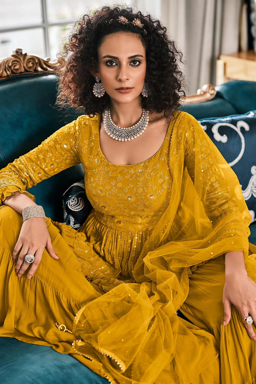 Peplum Style Mustard Yellow Viscose Palazzo Suit - Image 2