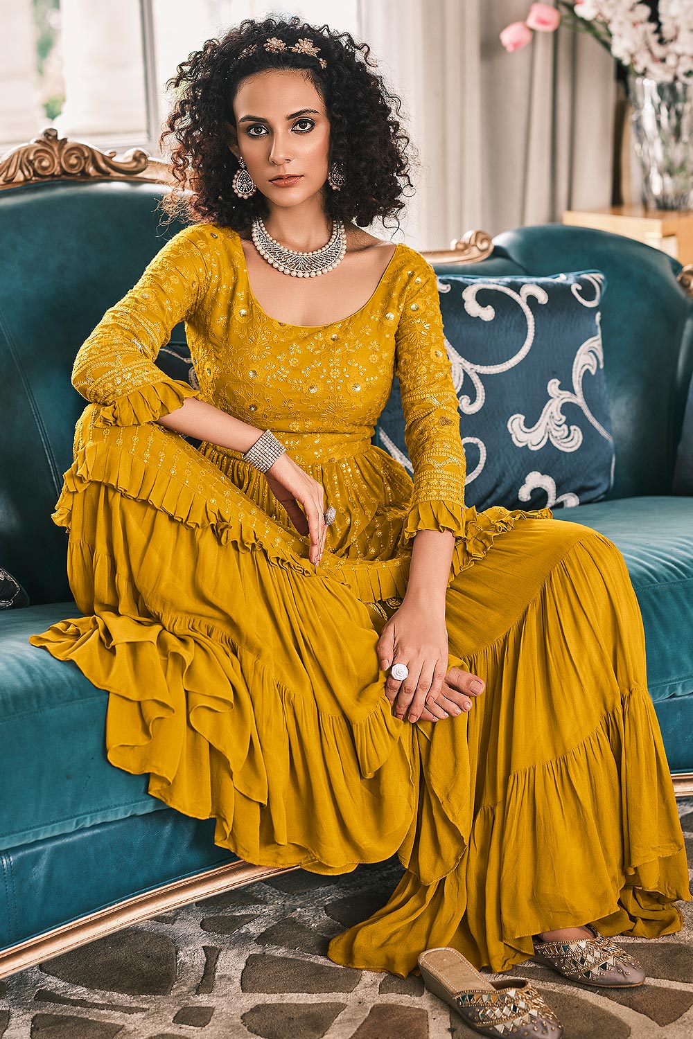 Peplum Style Mustard Yellow Viscose Palazzo Suit - Image 3