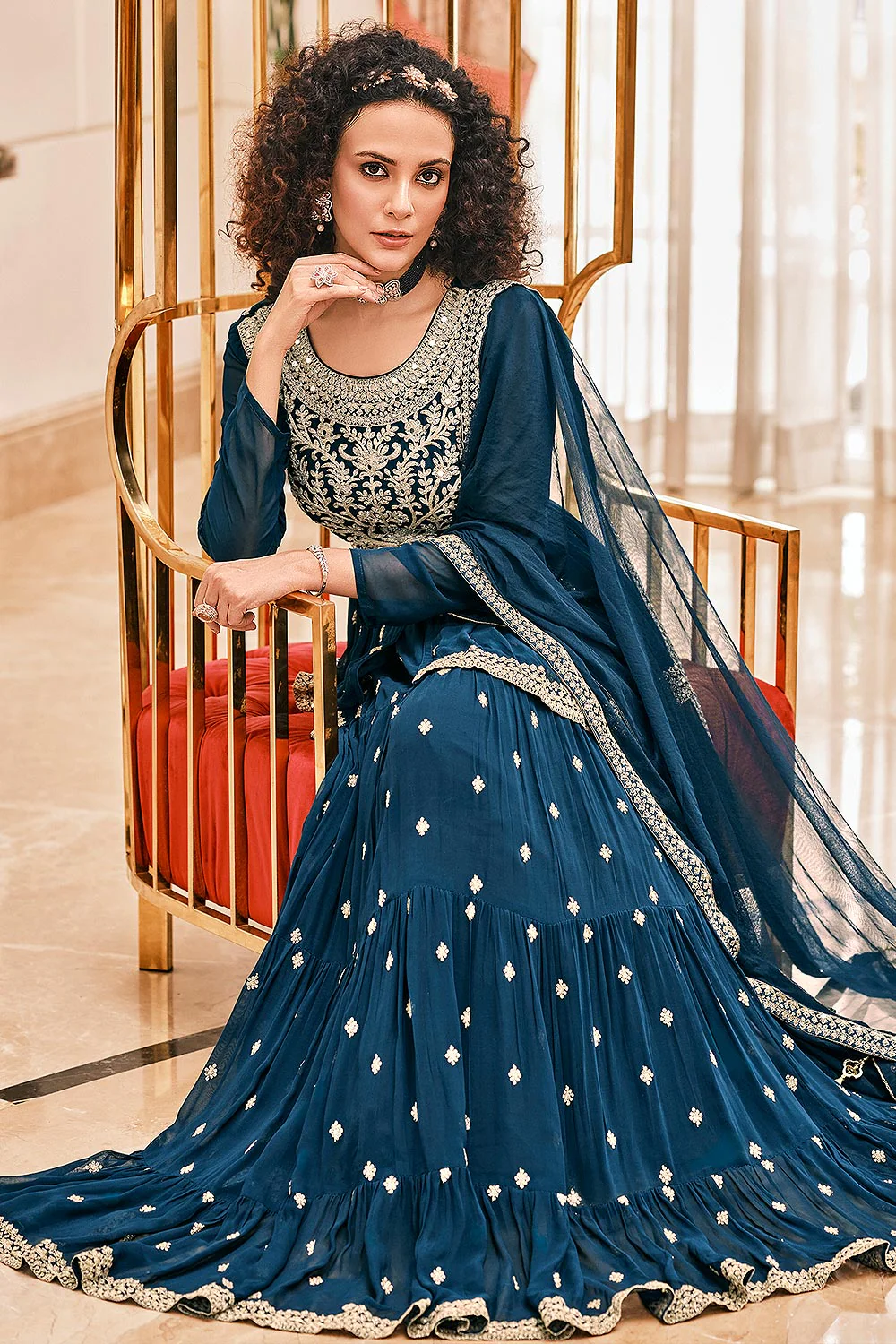 Peplum Style Teal Blue Viscose Palazzo Suit - Image 2