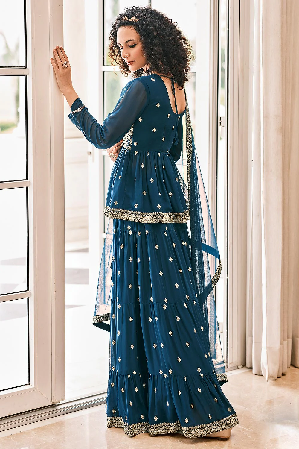 Peplum Style Teal Blue Viscose Palazzo Suit - Image 3