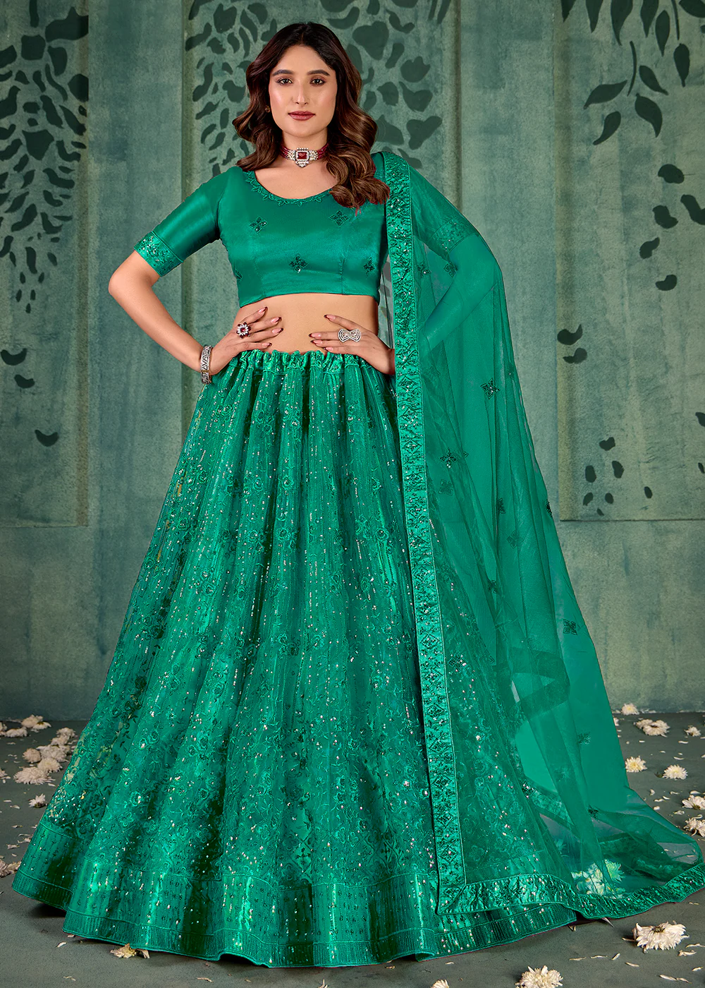 Persian Green Sequins Embroidered Net Lehenga Choli