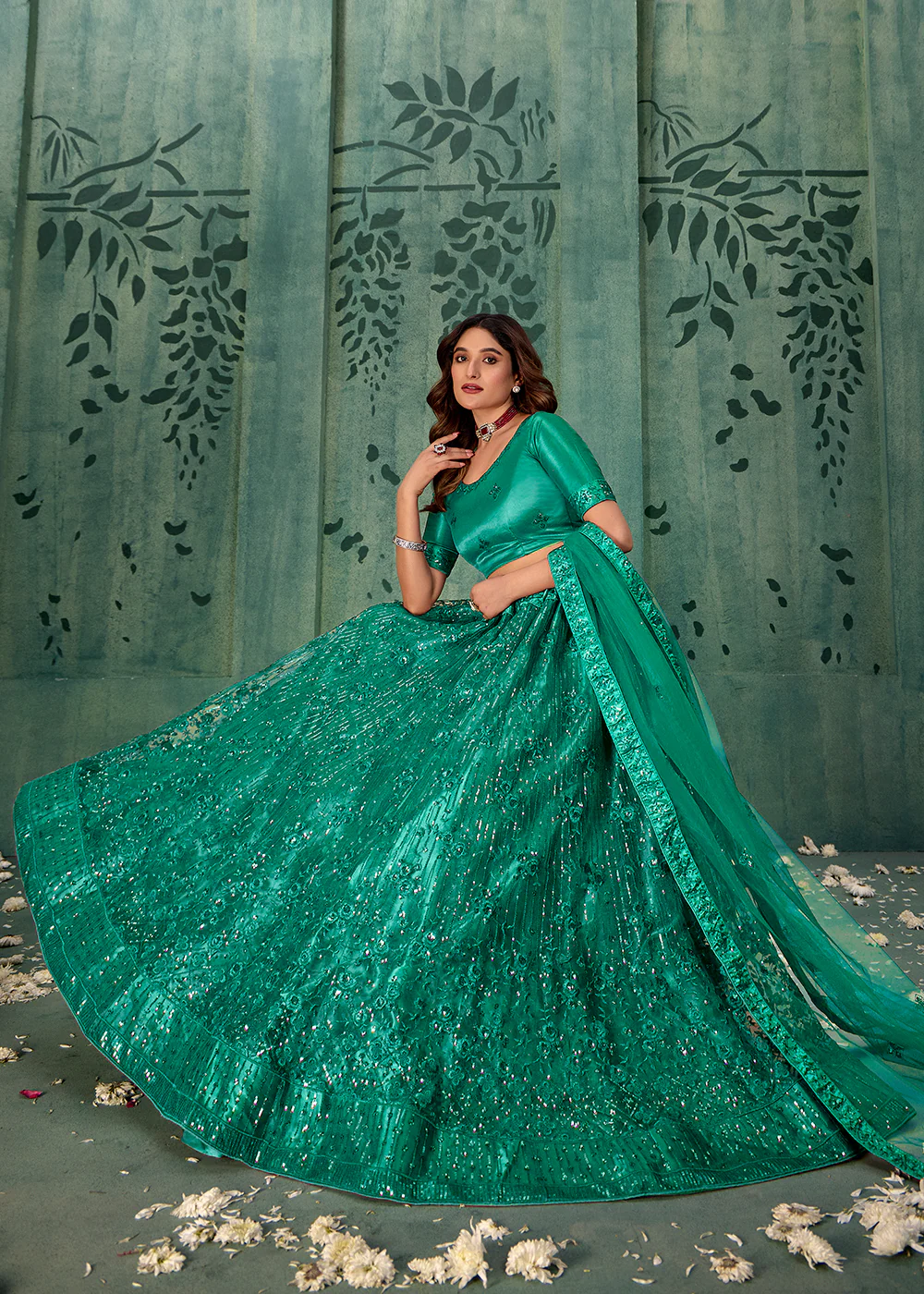 Persian Green Sequins Embroidered Net Lehenga Choli - Image 4