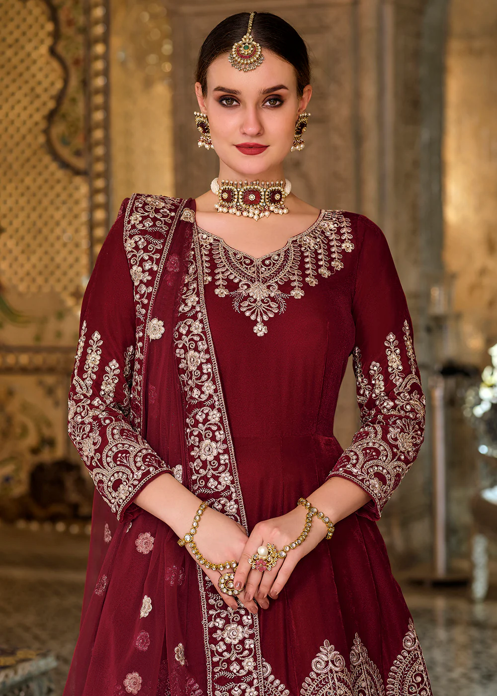 Phenomenal Maroon Sequins Embroidered Trendy Velvet Anarkali - Image 3