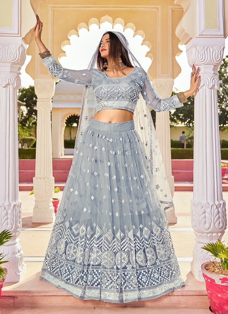 Pigeon Grey Mirror Embellished Wedding Lehenga Choli - Image 3