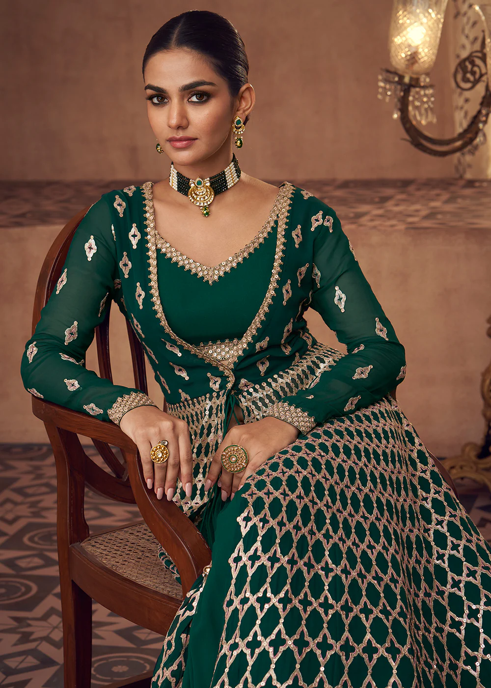 Pine Green Crop Top Style Georgette Lehenga Skirt Suit - Image 2