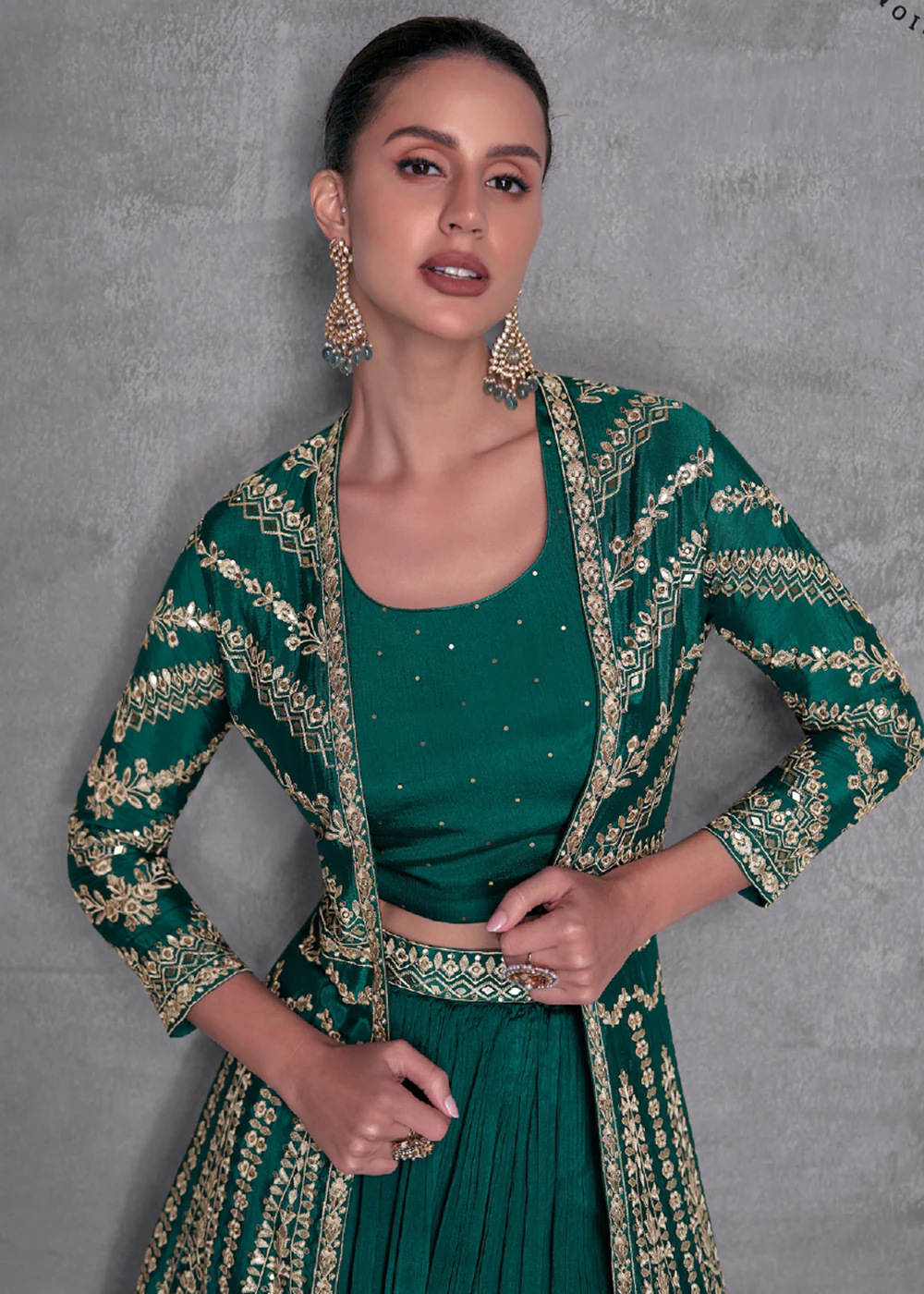 Pine Green Embroidered Jacket Style Indo Western Dress - Image 2