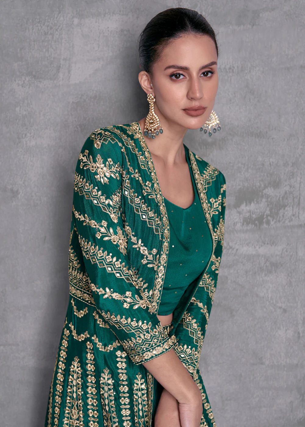 Pine Green Embroidered Jacket Style Indo Western Dress - Image 3