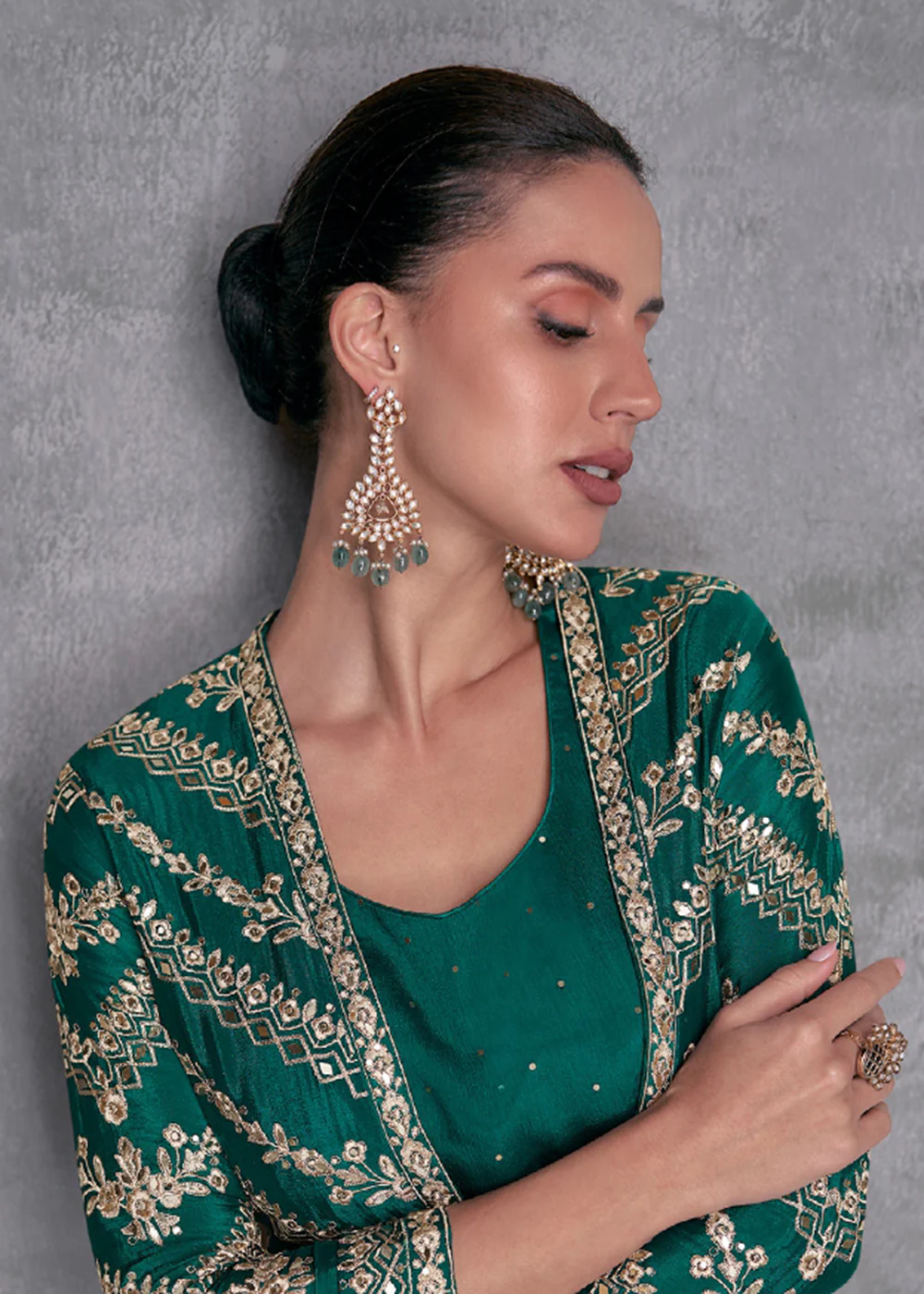 Pine Green Embroidered Jacket Style Indo Western Dress - Image 4