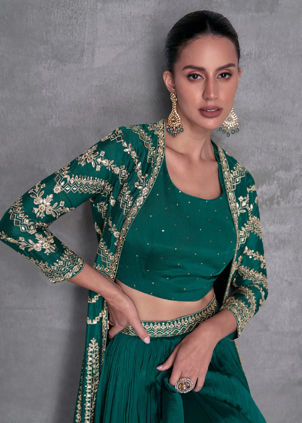 Pine Green Embroidered Jacket Style Indo Western Dress - Image 5