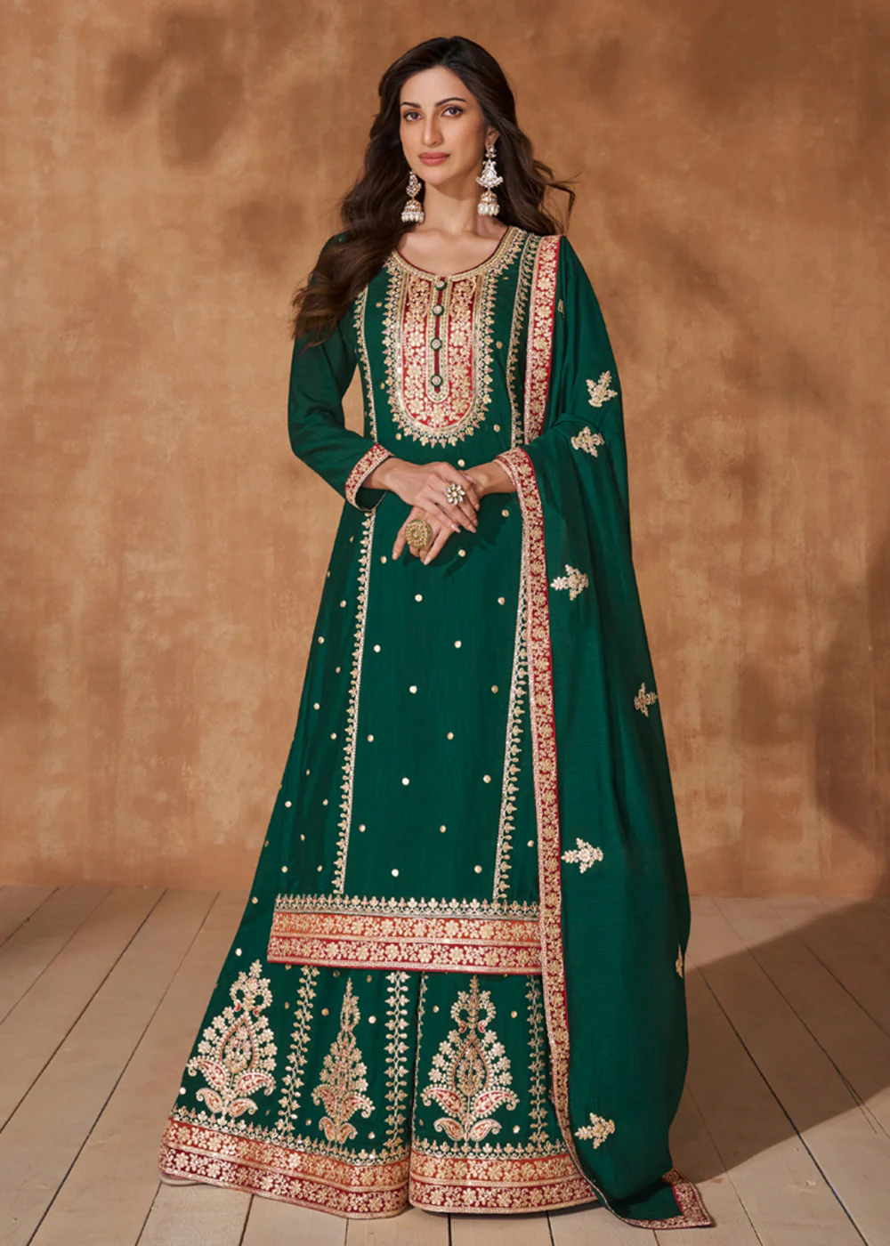 Pine Green Premium Silk Designer Palazzo Style Suit - Image 3