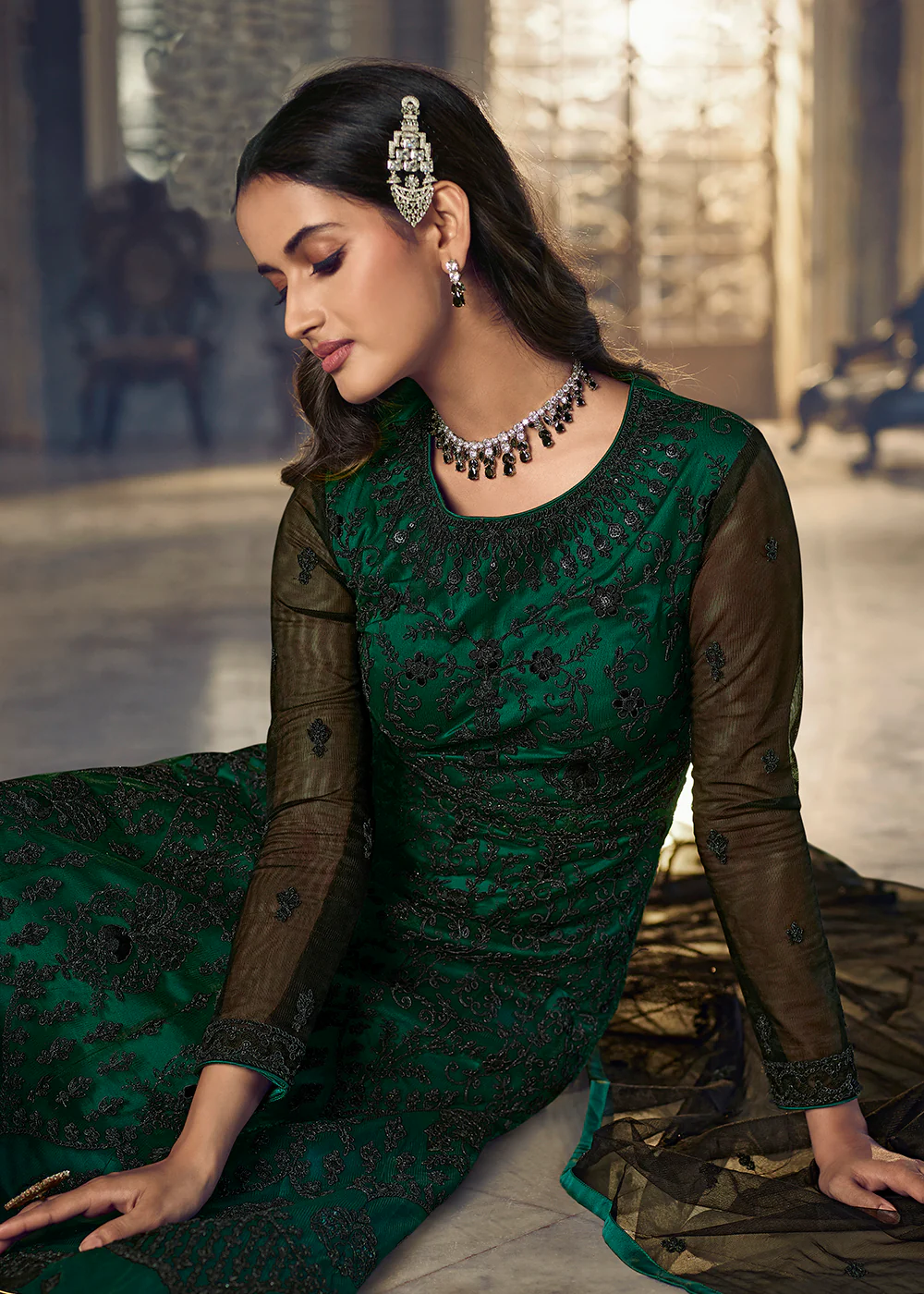 Pine Green Wedding Party Net Designer Anarkali Suit - Image 2