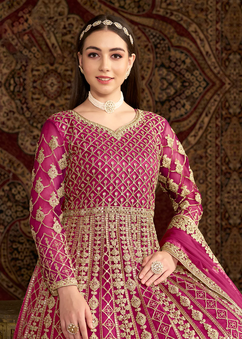 Pink All Over Embroidered Net Wedding Anarkali Gown - Image 2
