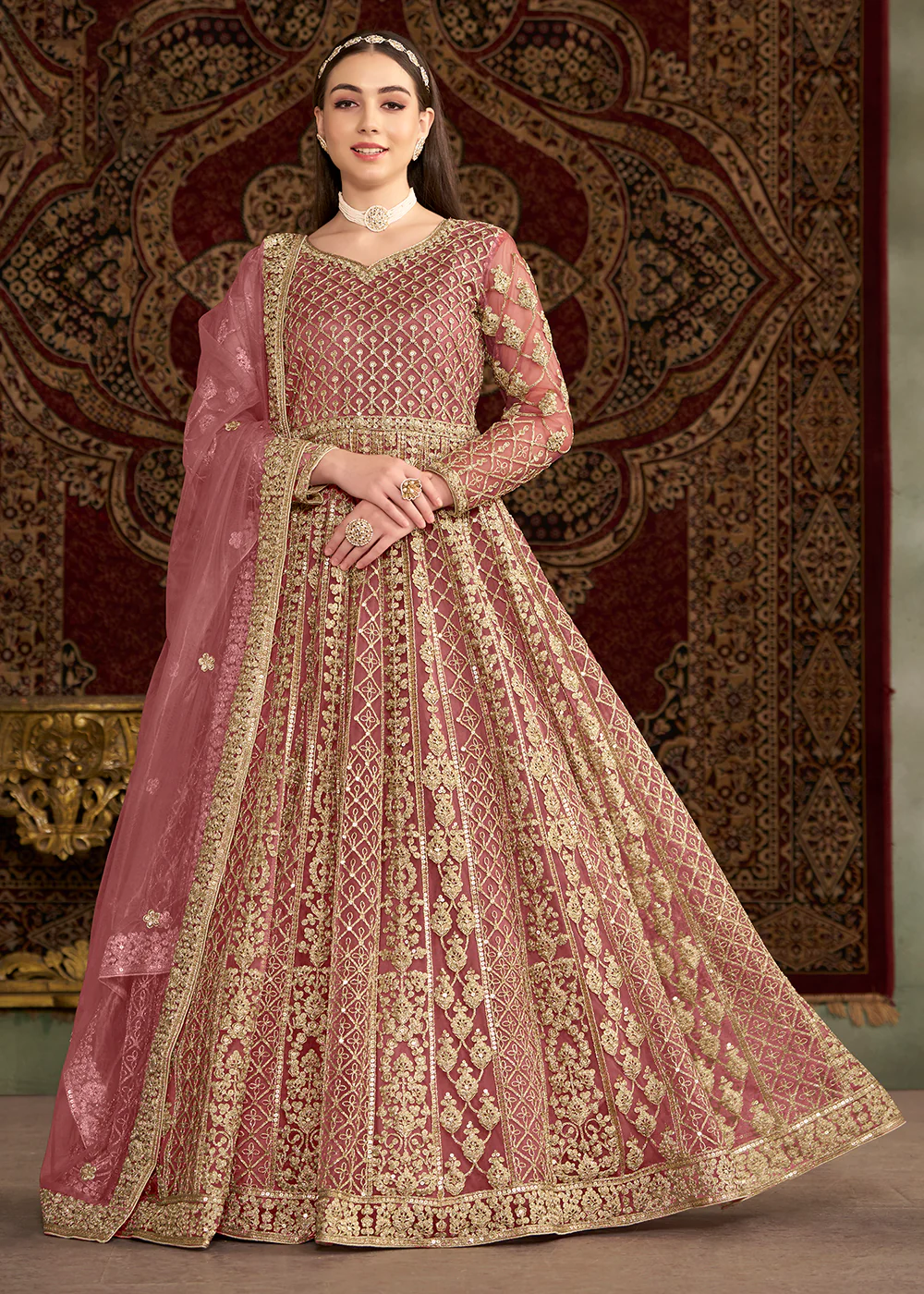 Pink All Over Embroidered Net Wedding Anarkali Gown