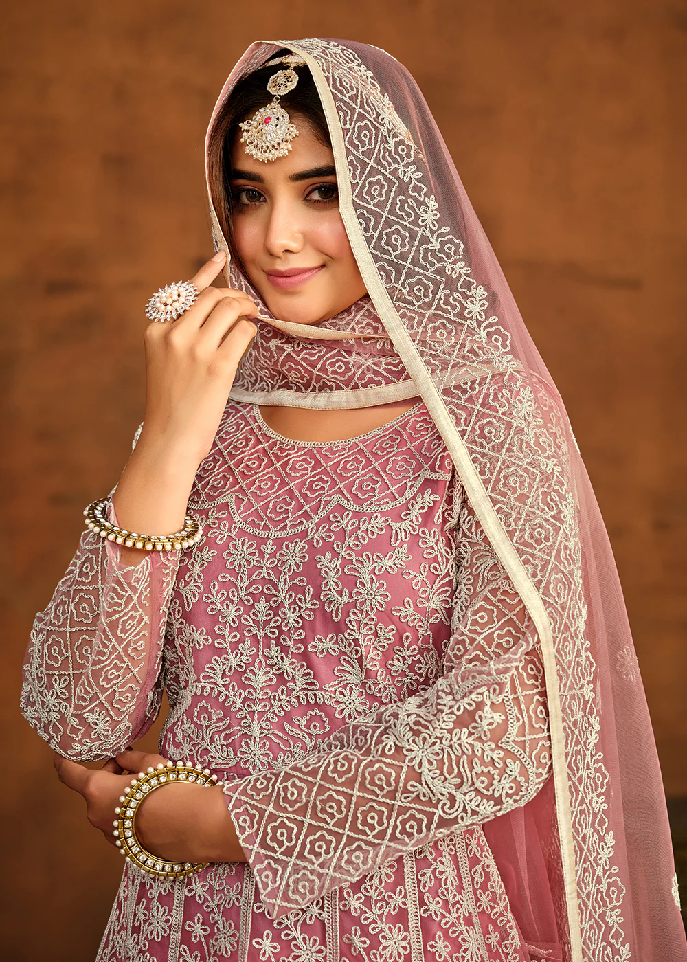 Pink All Over Embroidered Net Wedding Anarkali Suit - Image 2