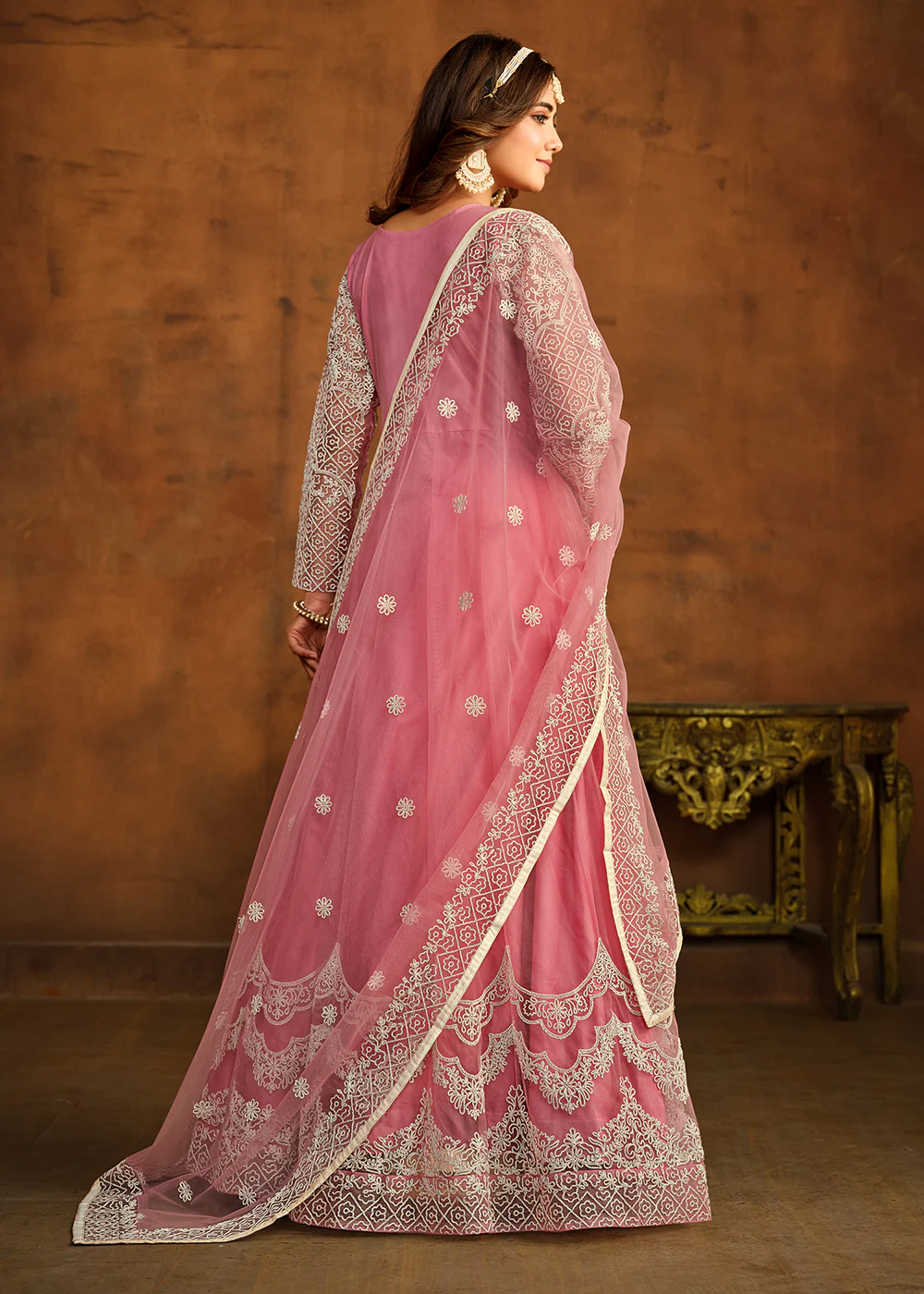 Pink All Over Embroidered Net Wedding Anarkali Suit - Image 3