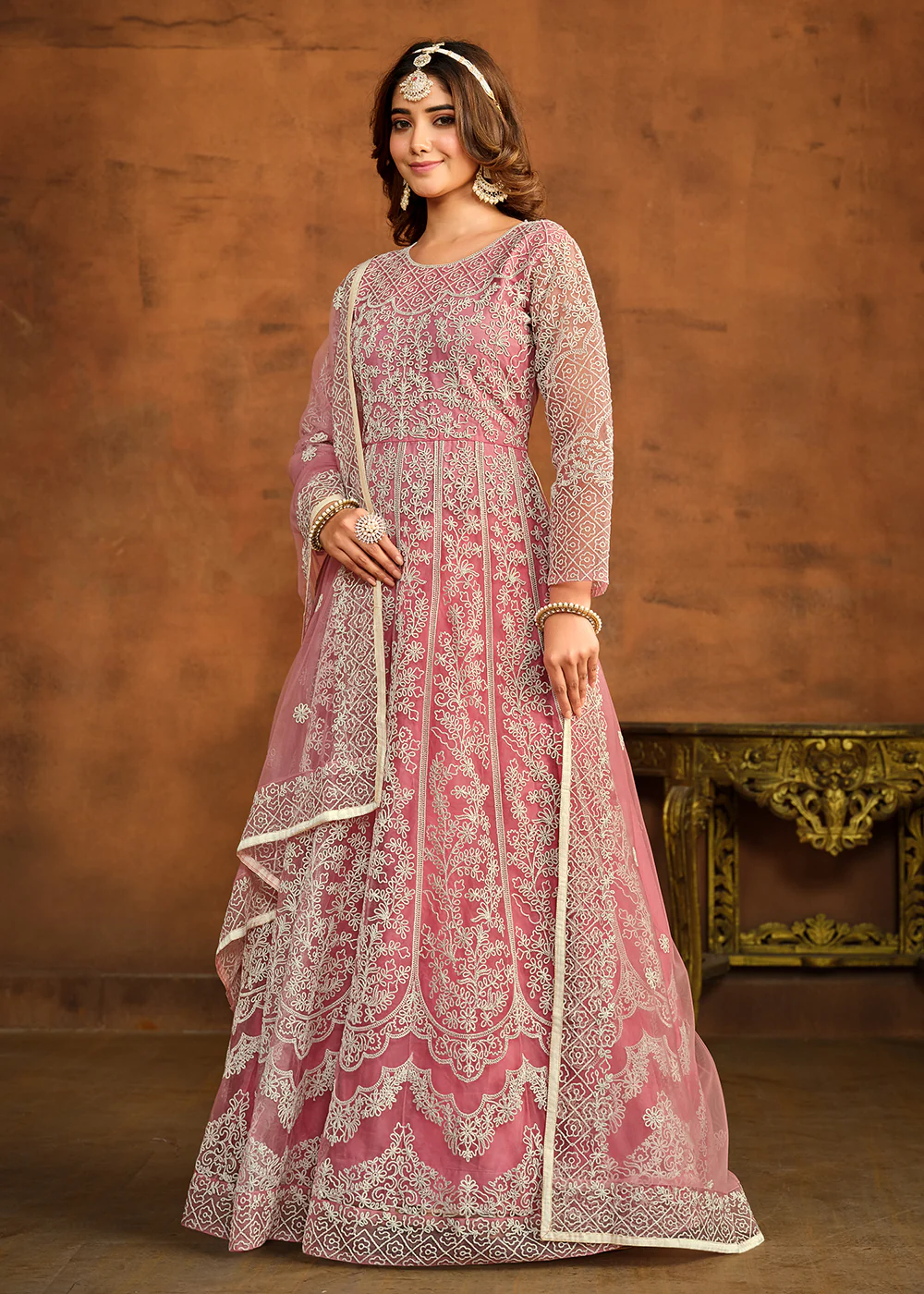 Pink All Over Embroidered Net Wedding Anarkali Suit - Image 4
