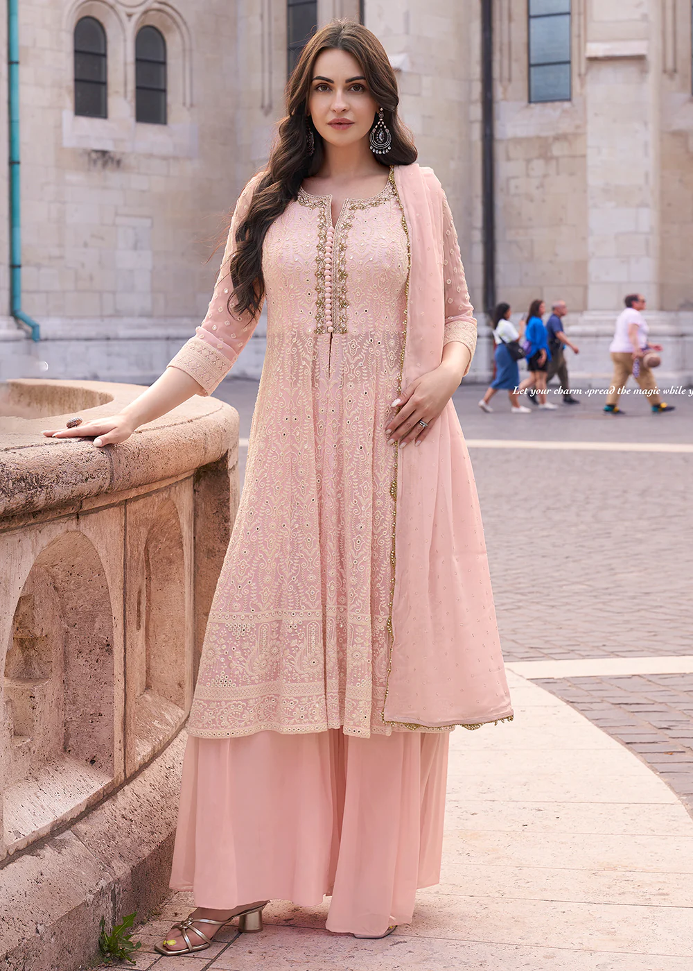 Pink Anarkali Style Embroidered Festive Sharara Suit