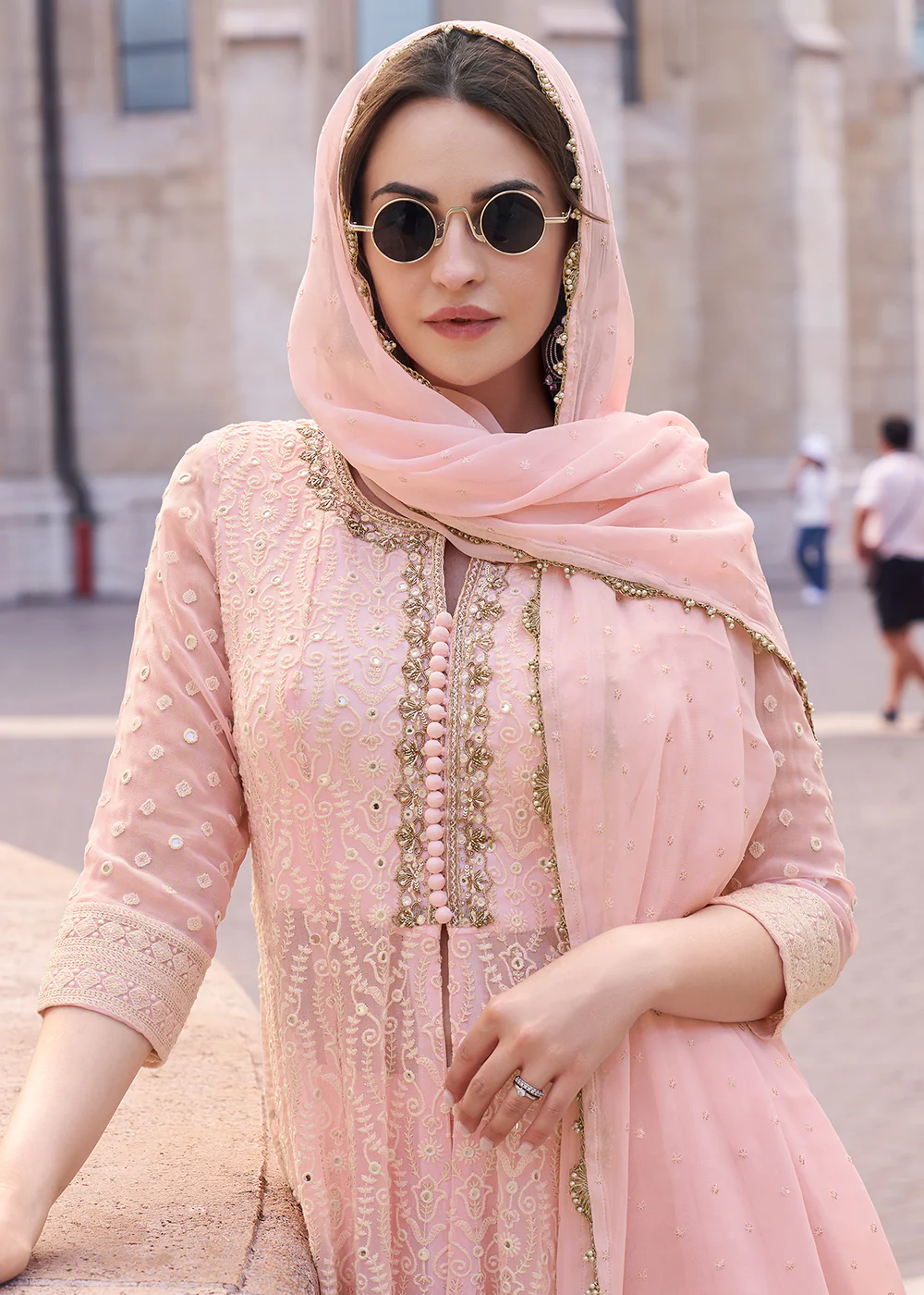 Pink Anarkali Style Embroidered Festive Sharara Suit - Image 2