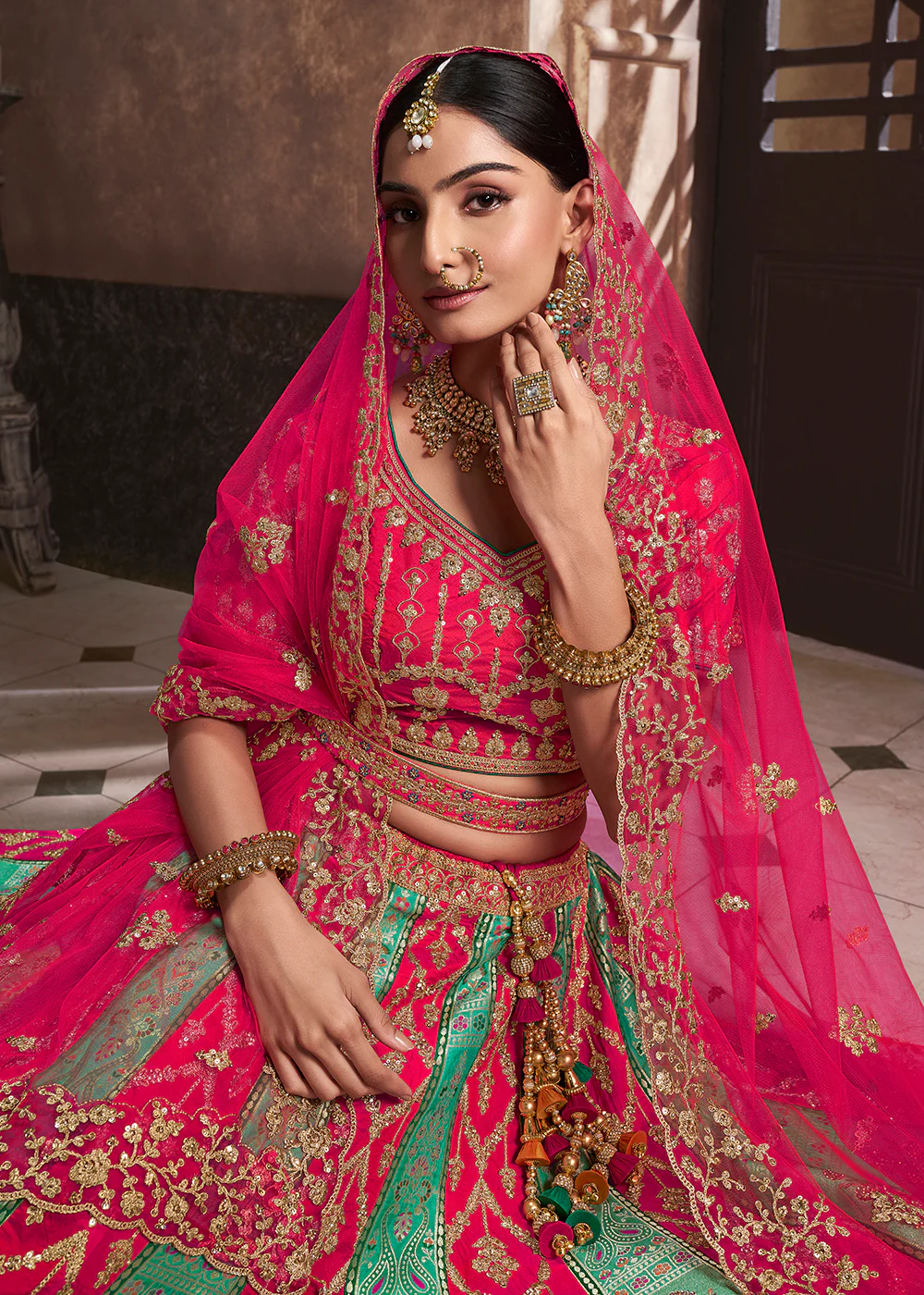 Pink & Aqua Banarasi Silk Bridal Designer Lehenga Choli - Image 2