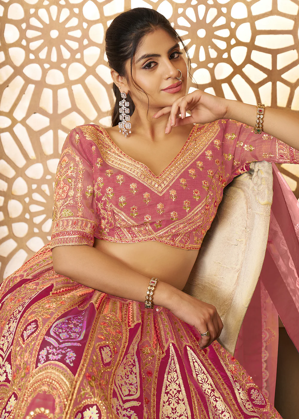Pink Banarasi Silk Aari Embroidered Bridal Lehenga Choli - Image 2