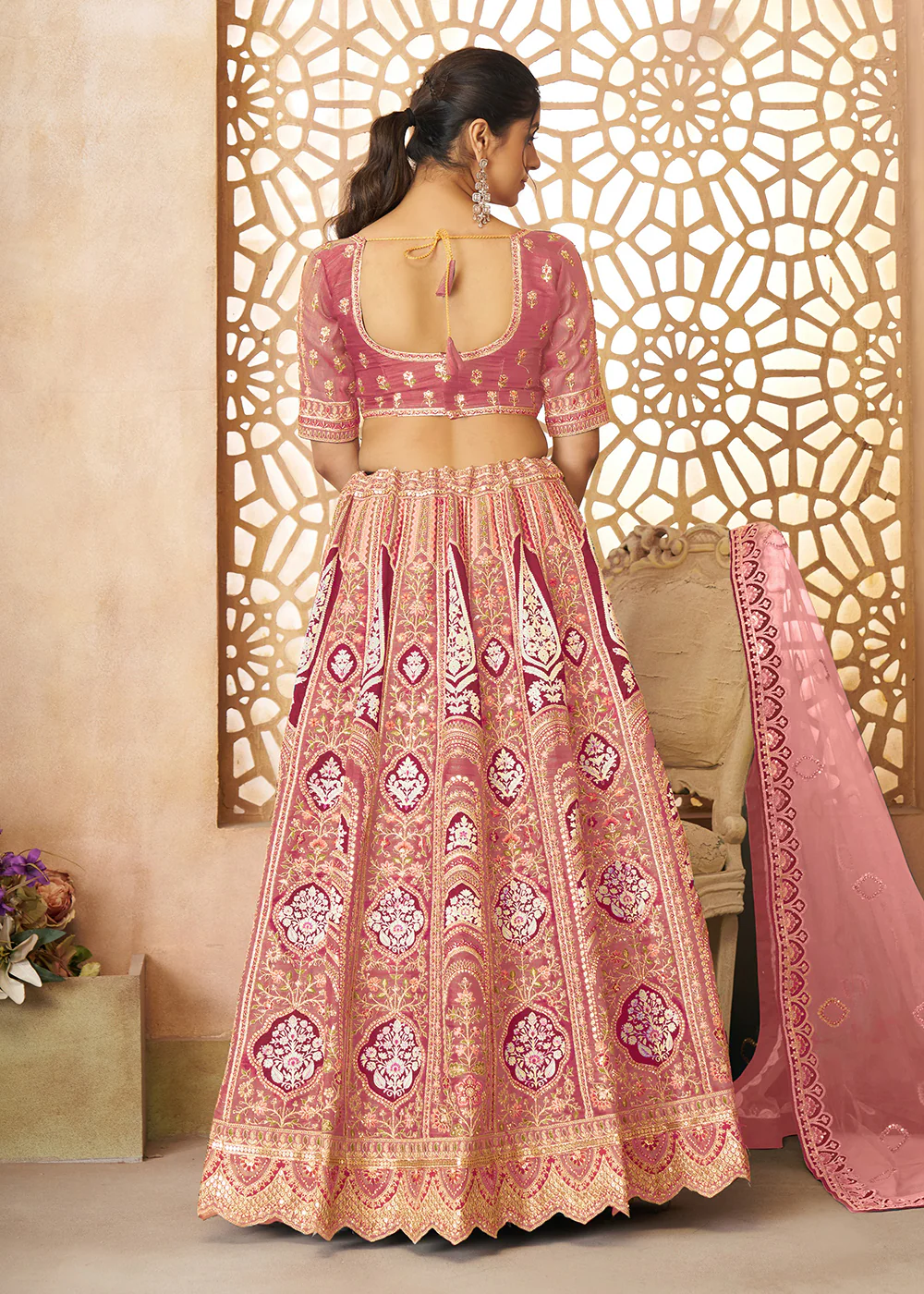 Pink Banarasi Silk Aari Embroidered Bridal Lehenga Choli - Image 3