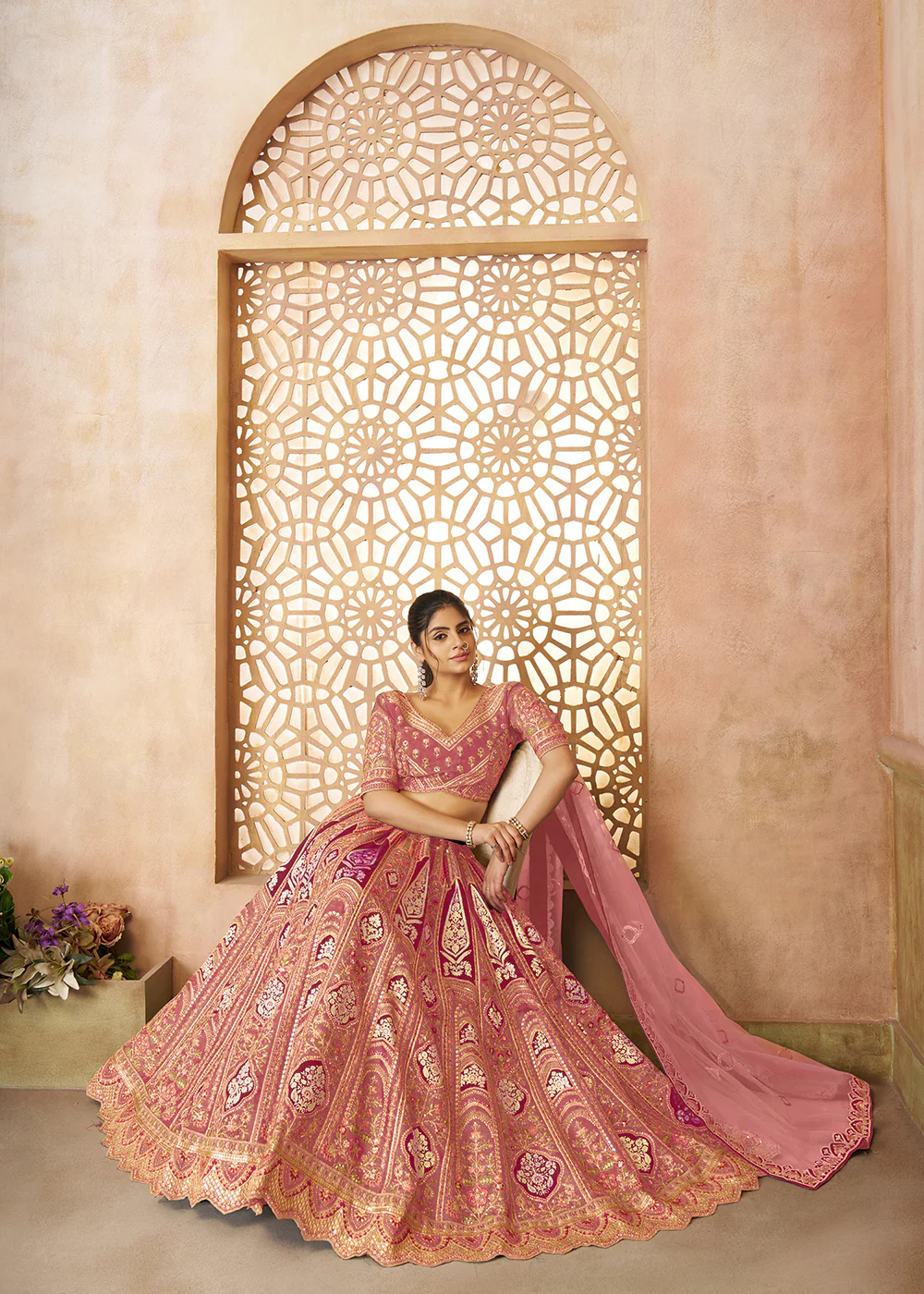 Pink Banarasi Silk Aari Embroidered Bridal Lehenga Choli - Image 4