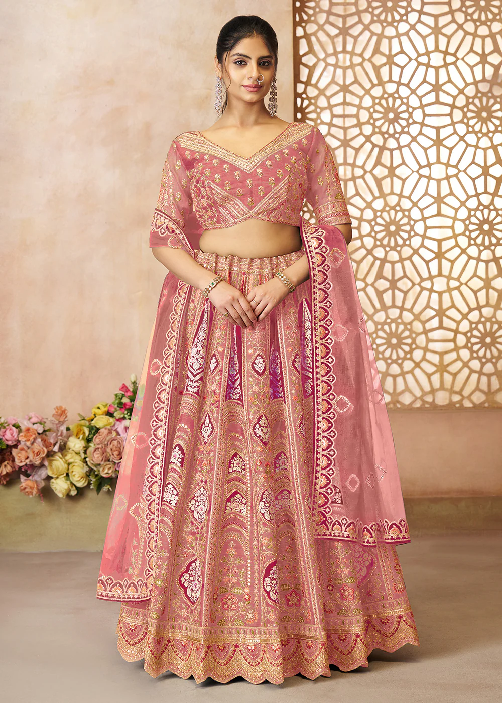 Pink Banarasi Silk Aari Embroidered Bridal Lehenga Choli - Image 5