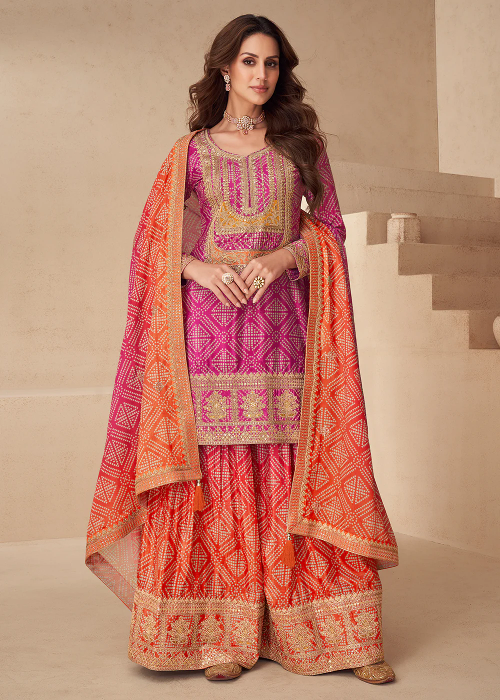 Pink Bandhej Zari Embroidered Festive Palazzo Suit