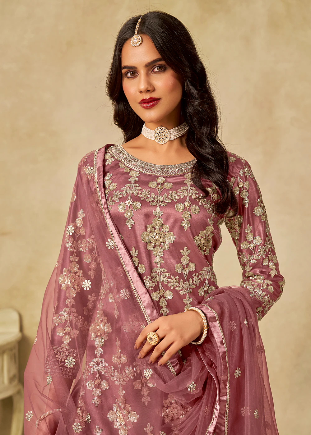 Pink Beautifully Embroidered Net Wedding Palazzo Suit - Image 2