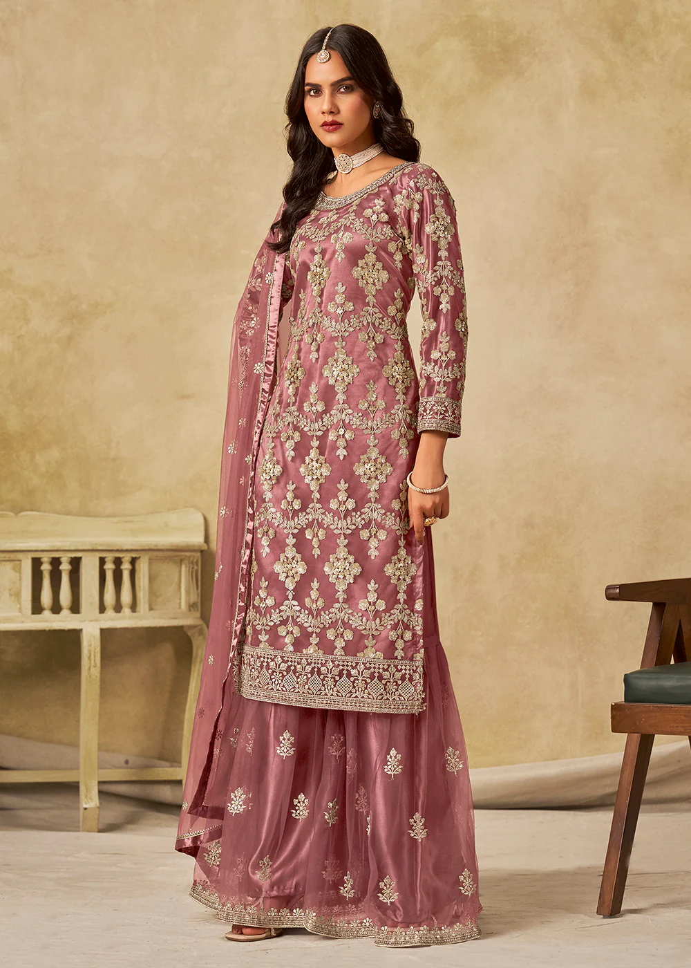 Pink Beautifully Embroidered Net Wedding Palazzo Suit - Image 3