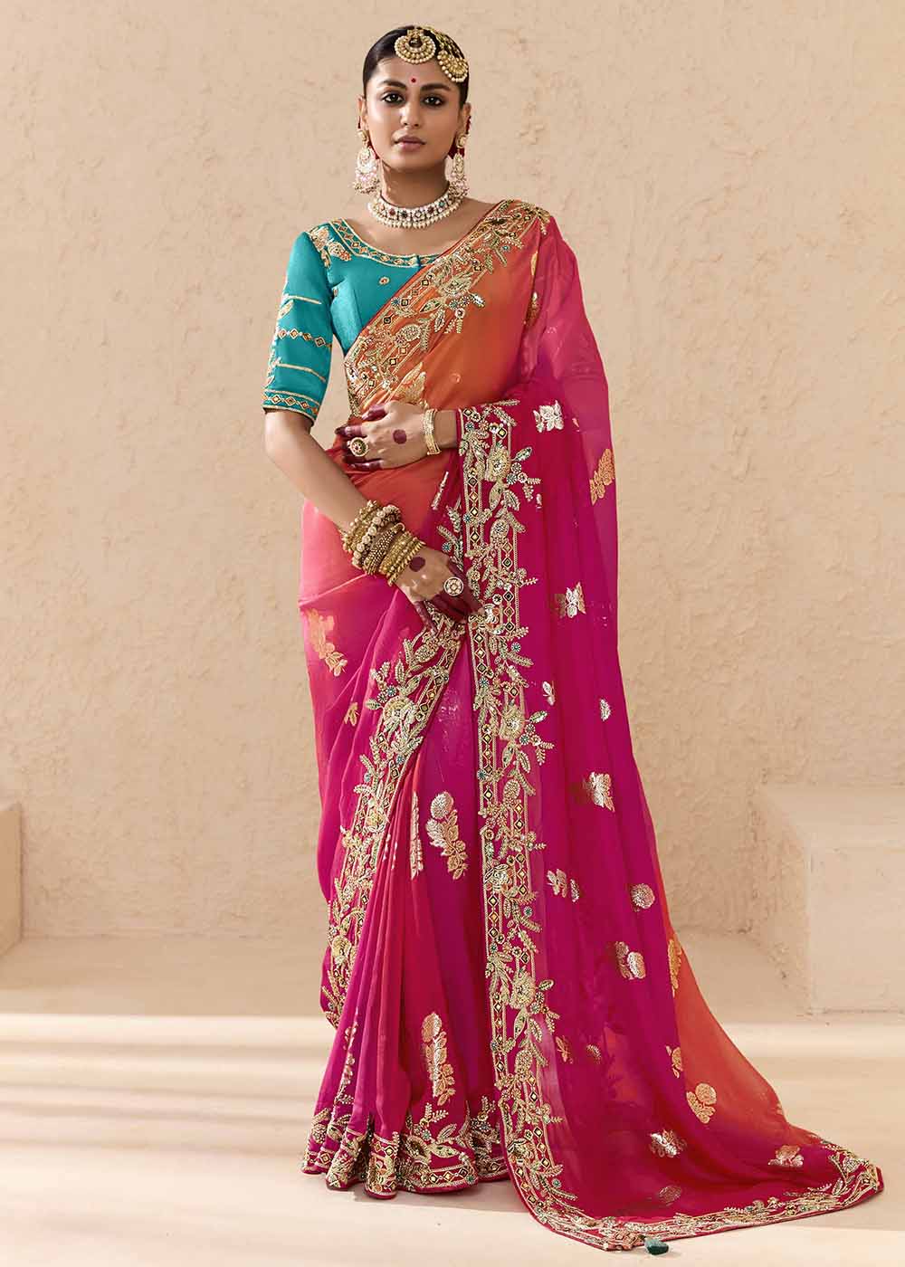 Pink & Blue Fancy Fabric Embroidered Designer Saree