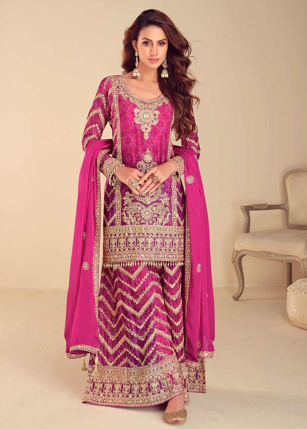 Pink Chinnon Bandhej Printed & Mirror Festive Palazzo Suit