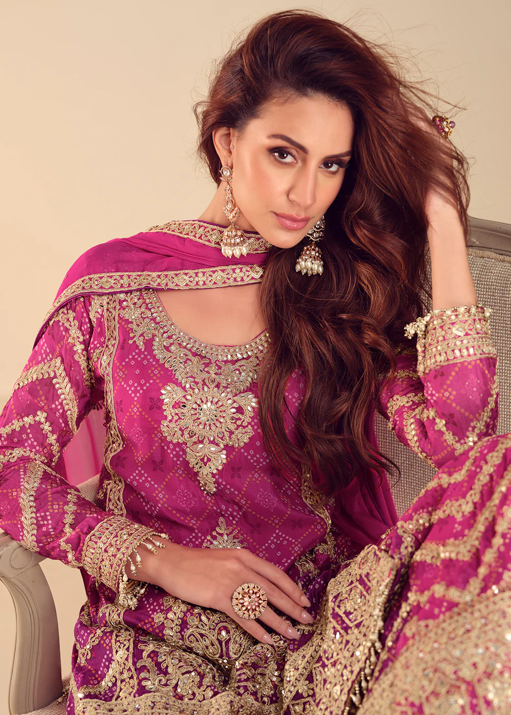 Pink Chinnon Bandhej Printed & Mirror Festive Palazzo Suit - Image 2