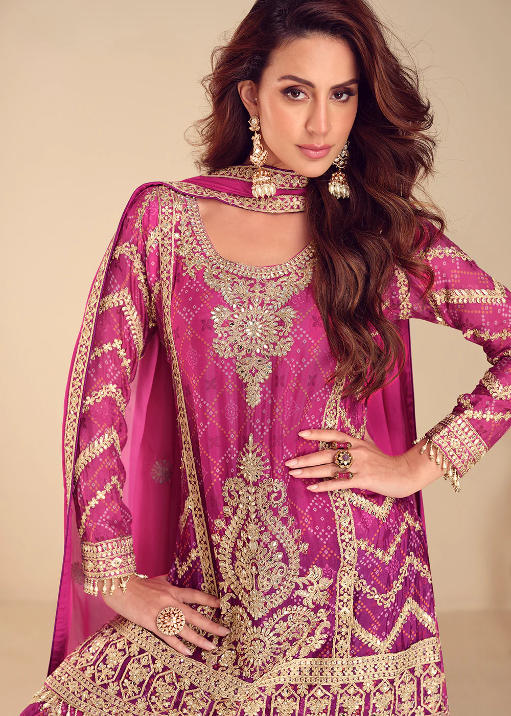 Pink Chinnon Bandhej Printed & Mirror Festive Palazzo Suit - Image 4