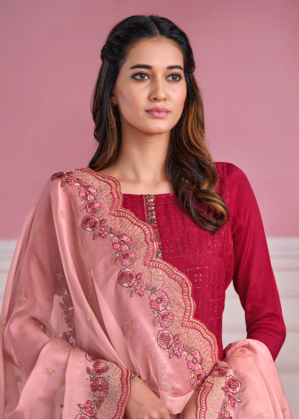 Pink Chinnon Chiffon Chikankari Embroidered Wedding Salwar Suit - Image 2