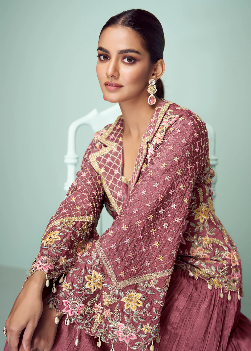 Pink Chinnon Embroidered Lehenga Skirt Style Suit - Image 2