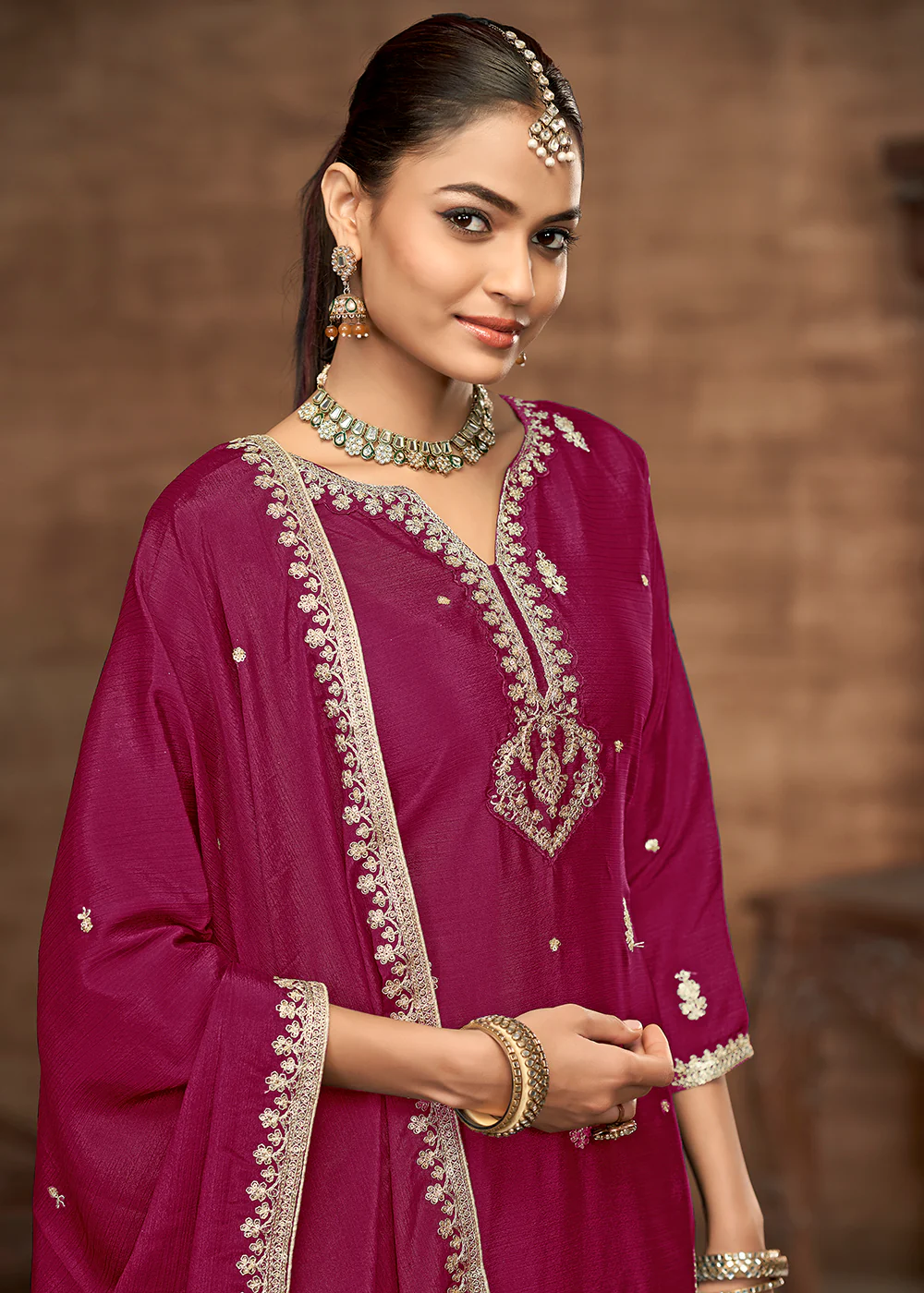 Pink Chinnon Embroidered Wedding Festive Palazzo Suit - Image 2