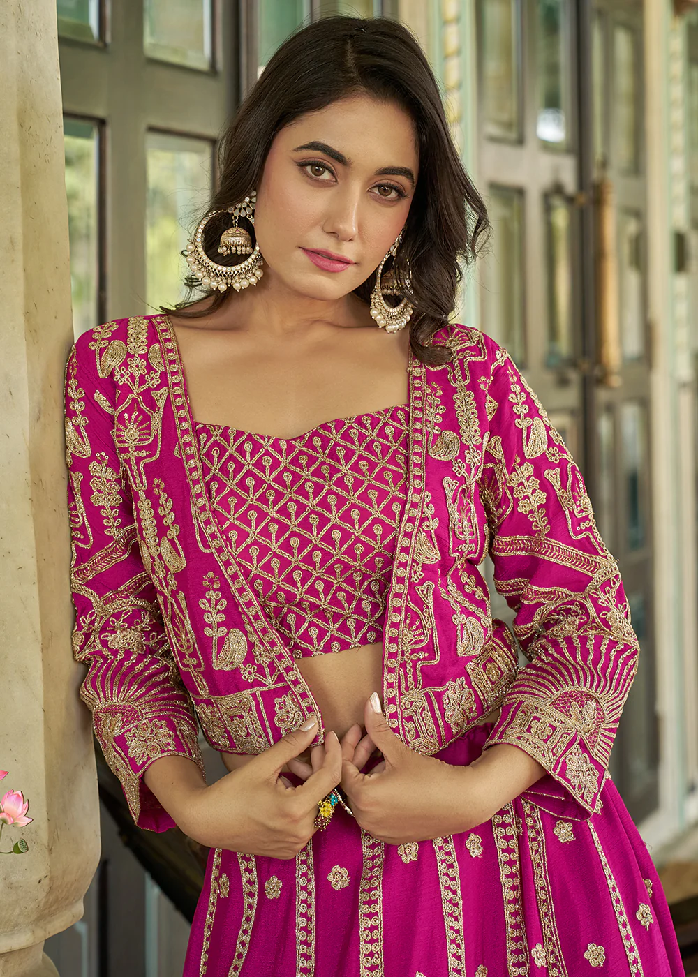 Pink Chinnon Heavy Embroidered Koti Style Lehenga Choli - Image 2