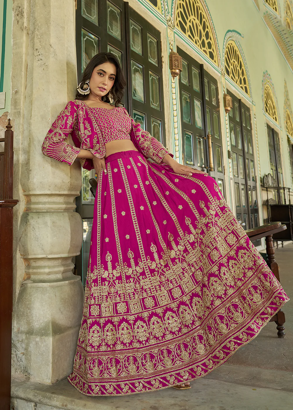 Pink Chinnon Heavy Embroidered Koti Style Lehenga Choli - Image 4