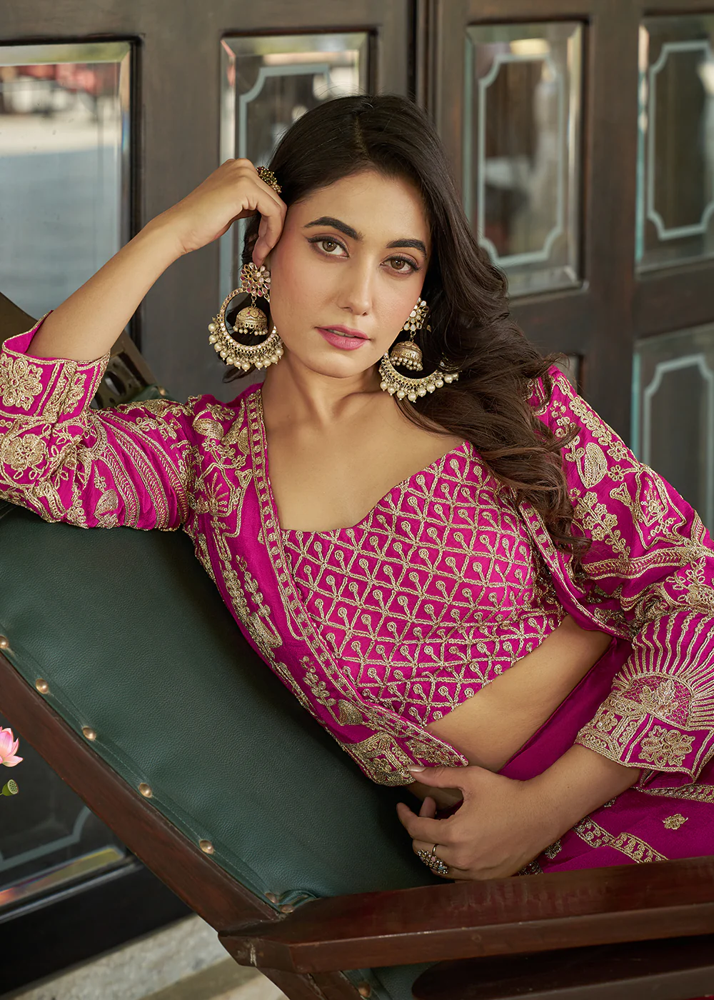 Pink Chinnon Heavy Embroidered Koti Style Lehenga Choli - Image 5