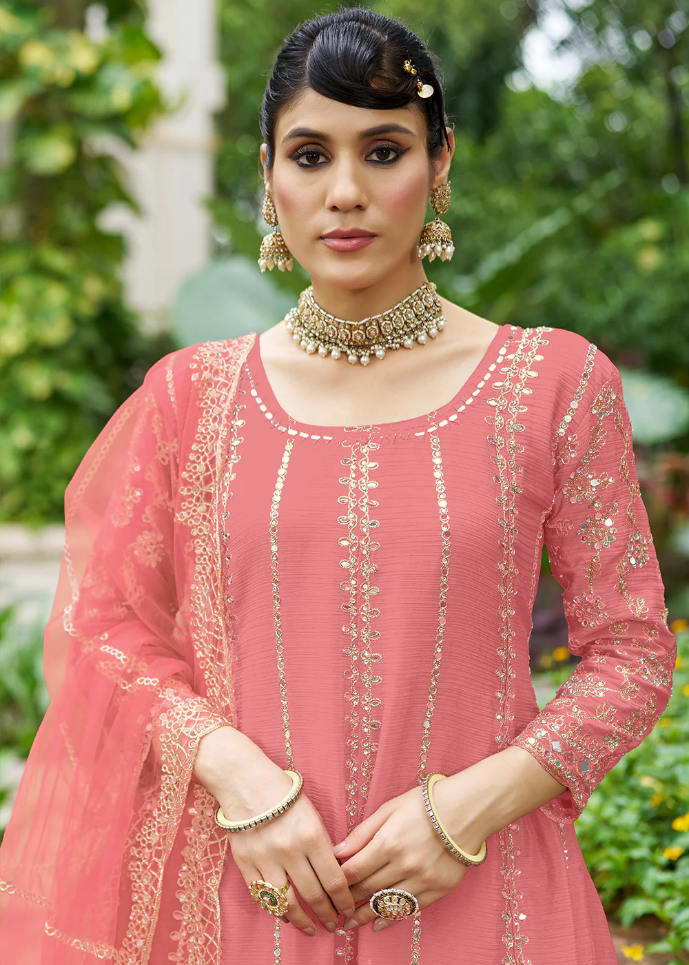 Pink Chinnon Mirror Embroidered Palazzo Style Suit - Image 2