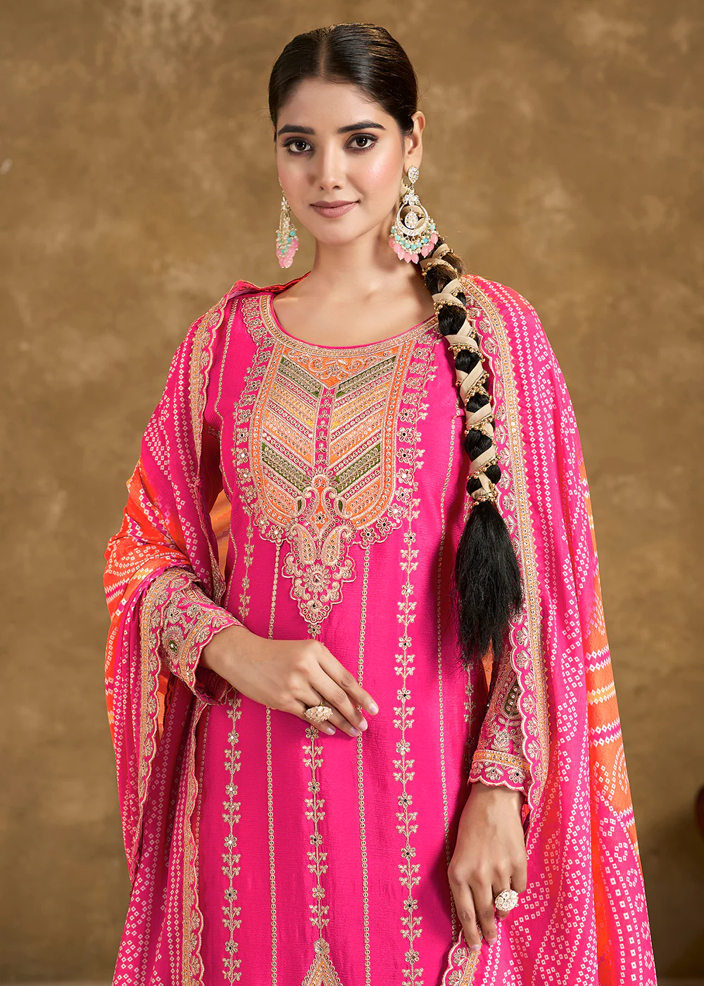 Pink Chinnon Punjabi Style Dhoti Style Salwar Suit - Image 2