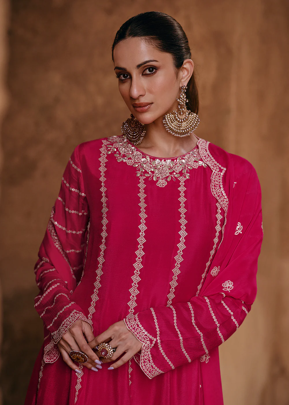 Pink Chinnon Silk Designer Style Embroidered Sharara Suit - Image 2