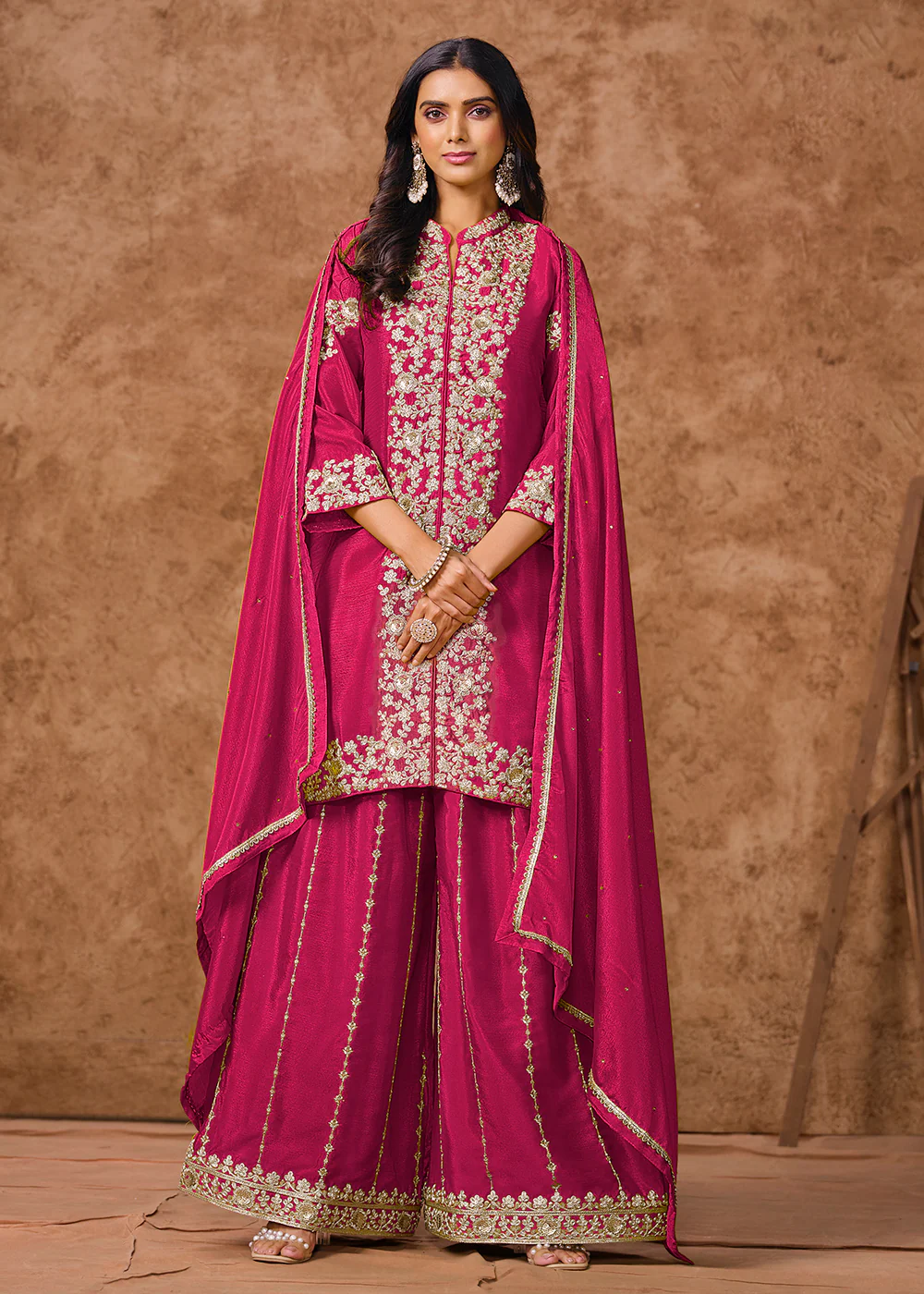 Pink Chinnon Silk Festive Embroidered Palazzo Style Suit