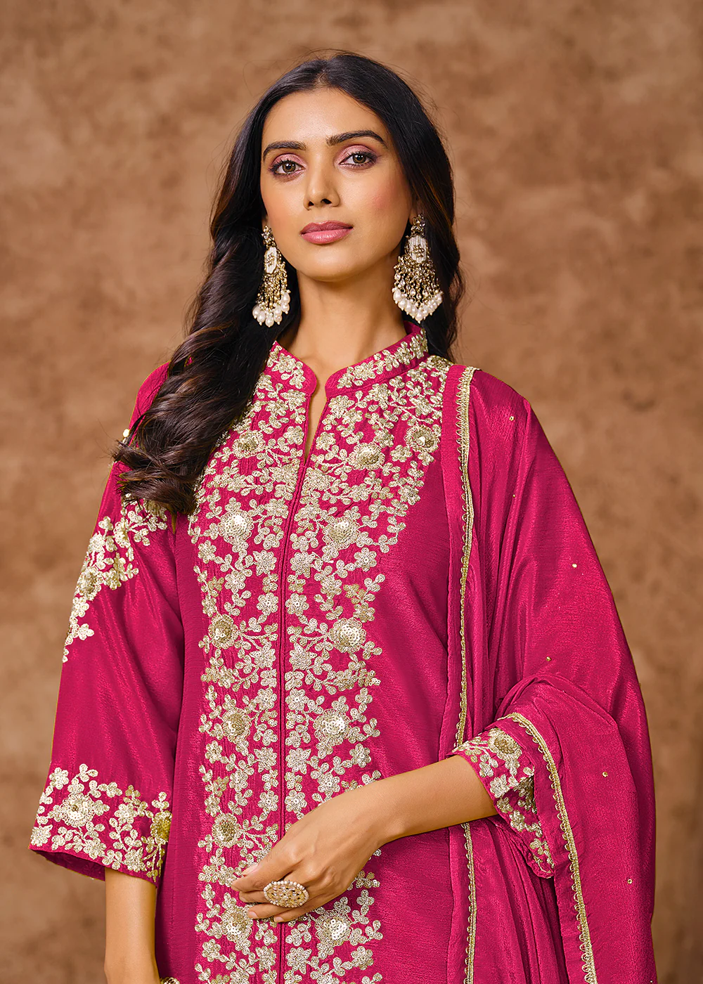 Pink Chinnon Silk Festive Embroidered Palazzo Style Suit - Image 2