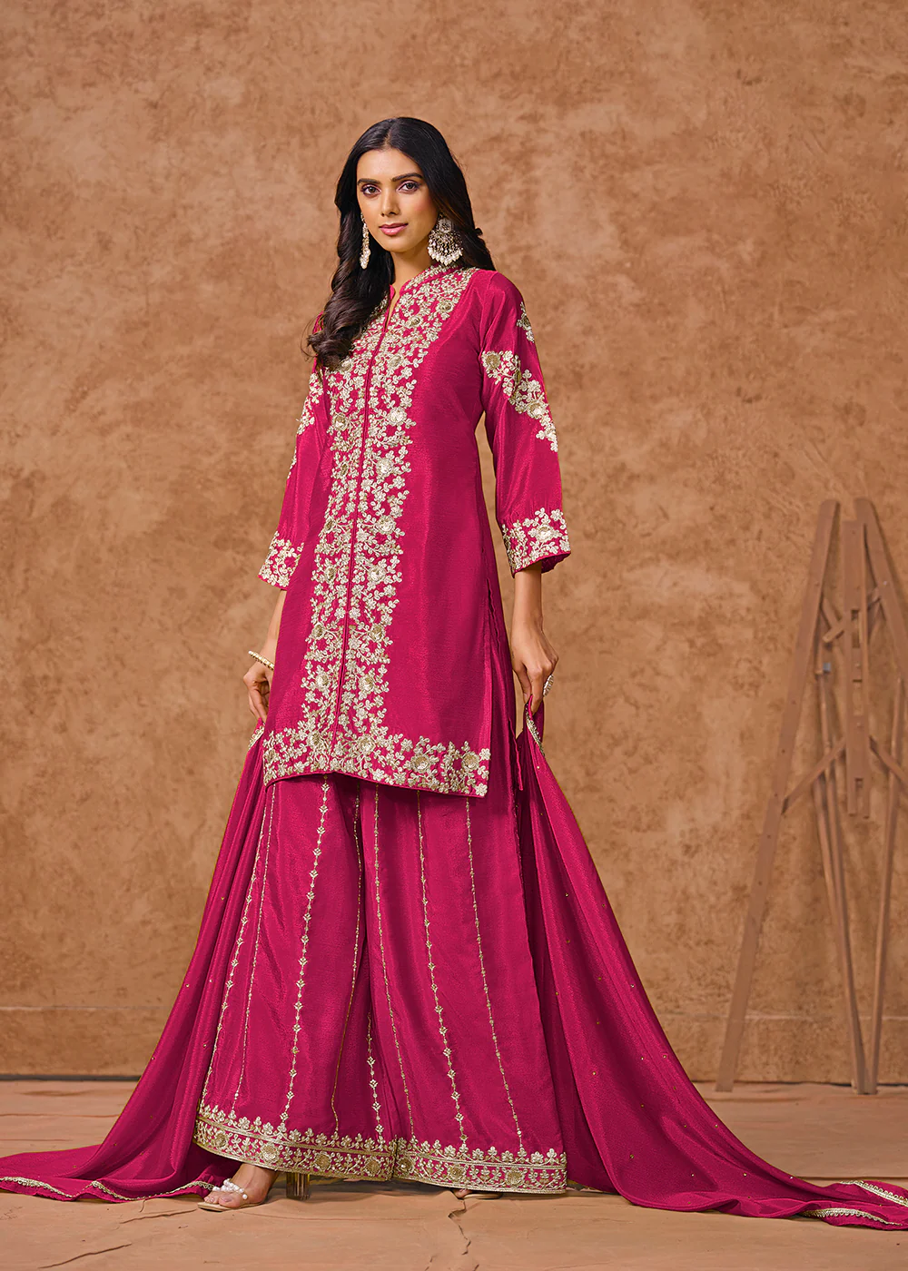 Pink Chinnon Silk Festive Embroidered Palazzo Style Suit - Image 4